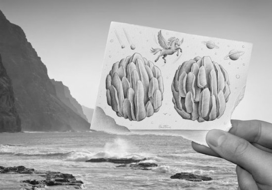 Pencil drawing inside photo Pencil drawing inside photo