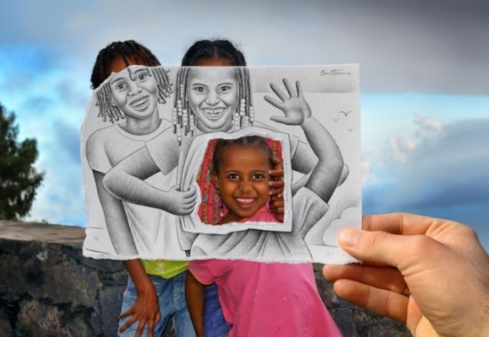 Pencil drawing inside photo Pencil drawing inside photo