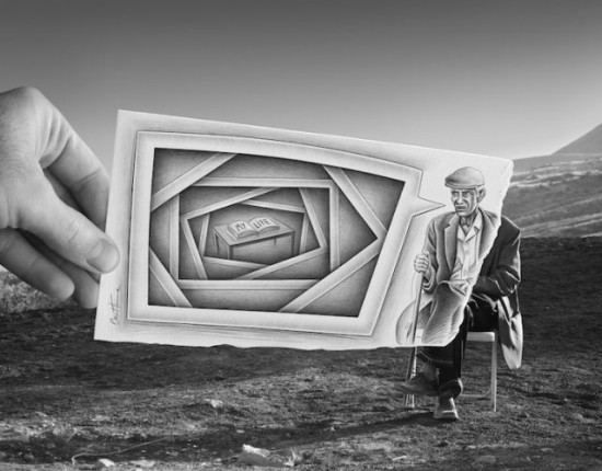 Pencil drawing inside photo Pencil drawing inside photo