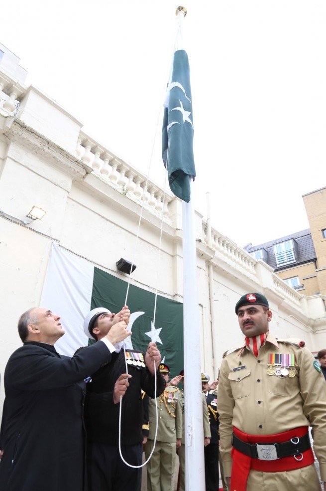 Syed Ibne Abbas, Pakistan High Commissioner to the UK, hoisting the national flag on Pakistan Day at Pakistan High Commission London on 23-3-2016
