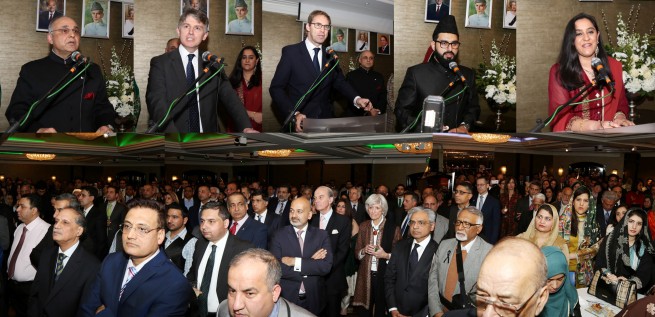 Syed Ibne Abbas, Pakistan High Commissioner to the UK, Mr Tobias Ellwood Parliamentary Under-Secretary of State for FCO, and Mr Owen Jenkins, Prime Minister's Special Representative on Afghanistan and Pakistan speaking at the Pakistan Day Reception in London on 23-3-201. Qari Asim recited the verses from the Holy Quran and Mrs Saadia Mushtaq was the Master of the Ceremony.
