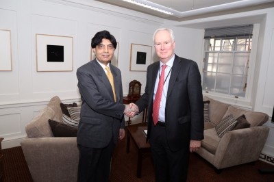 Interior Minister Ch. Nisar Ali Khan shaking hand with British National Security Adviser Sir Mark Lyall-Grant, at his office in London on 27-4-2016