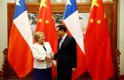 Chilean President Michelle Bachelet meets Chinese Premier Li Keqiang on the sidelines of the Belt and Road Forum, in Beijing, China May 14, 2017. REUTES/Aly Song