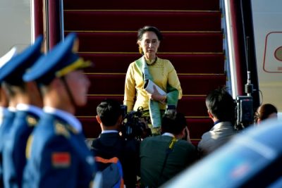 Myanmar's State Counsellor Aung San Suu Kyi arrives at Beijing Capital International Airport for the Belt and Road Forum in Beijing, China, May 13, 2017. Picture taken May 13, 2017. REUTERS/Stringer
