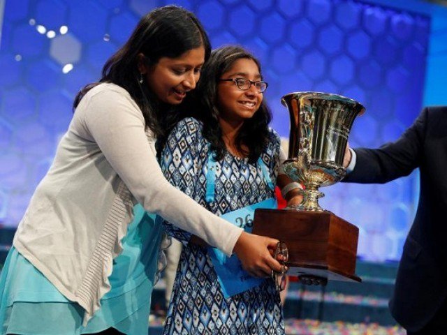 Ananya Vinay of Fresno, California celebrates after winning the 2017 Scripps National Spelling Bee at National Harbor in Oxon Hill, Maryland. Vinay took home a $40,000 cash prize after 12 hours of picking her way along a precarious lifeline of consonants and vowels, correctly spelling the word marocain, a dress fabric made of warp of silk or rayon and a filling of other yarns, to win the spelling bee. PHOTO: REUTERS